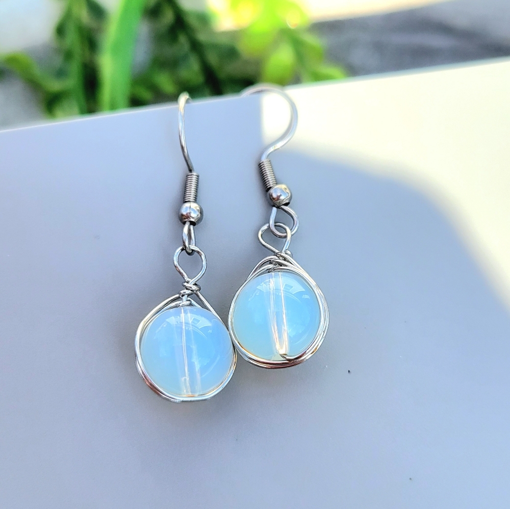 Wire Wrapped Opalite Stone Drop Earrings - Picture 3 of 5